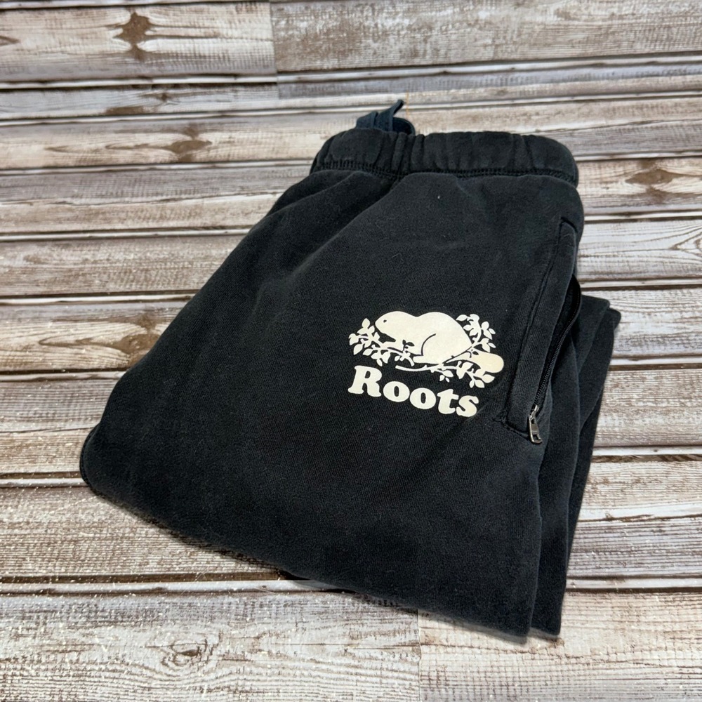 Roots Sweatpant Black Logo Joggers Cuffed Hem Fleeced See Pics for Sizing